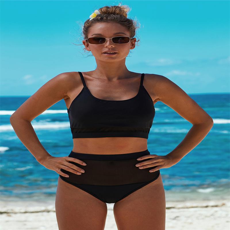 

2020 Summer Women' New Bikini Swimsuit Large Size Hot Spring Sexy Perspective Mesh Stitching High Waist Women' Split Swimsuit, Black