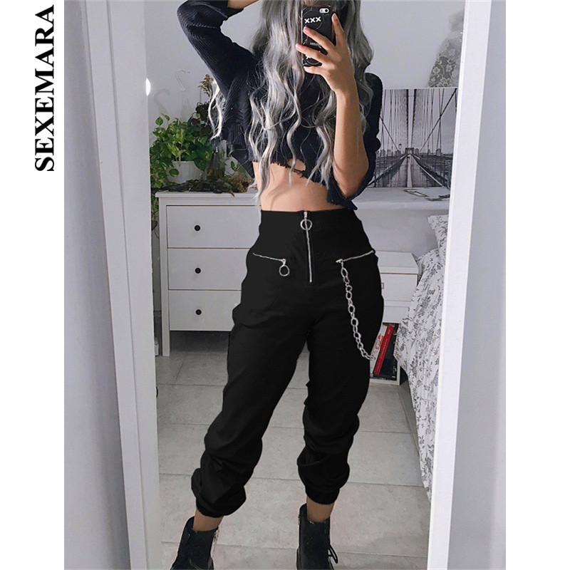 Boofeenaa Noir Taille Haute Fermetures À Glissière Harem Pantalon Femme Jogging Harajuku Pantalon Ample Avec Chaîne Streetwear Pantalon De Joggin