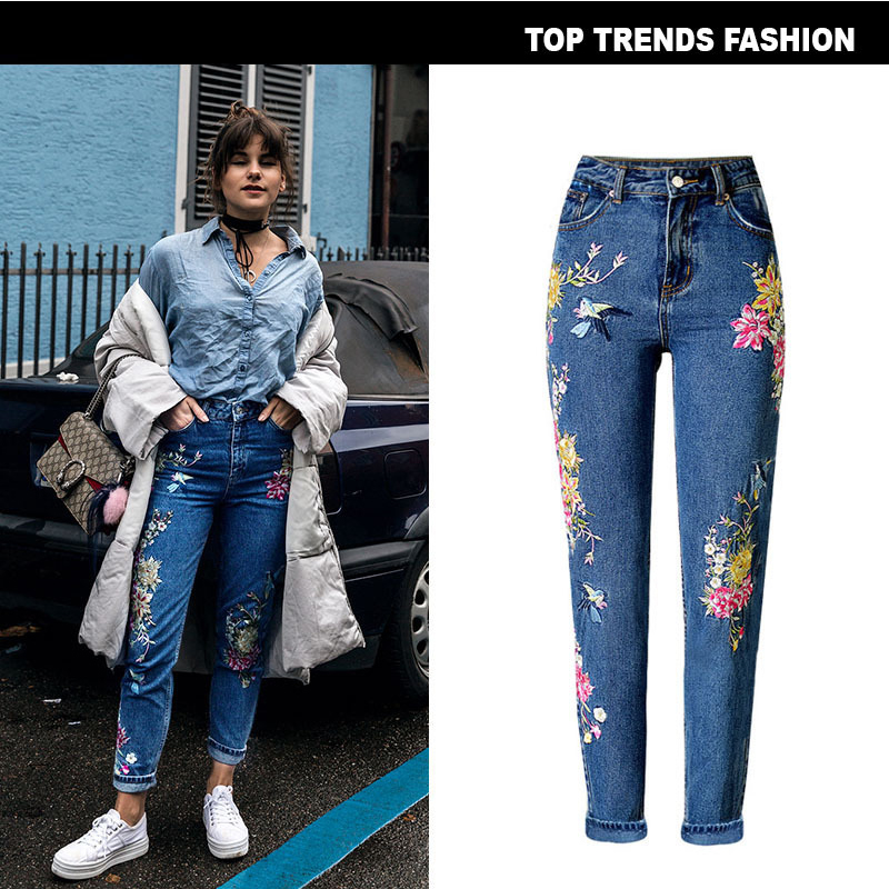 

2019 Long Straight Floral Jeans Woman High Waist Jeans Pants Casual Skinny Ankle-Length Pants, Blue
