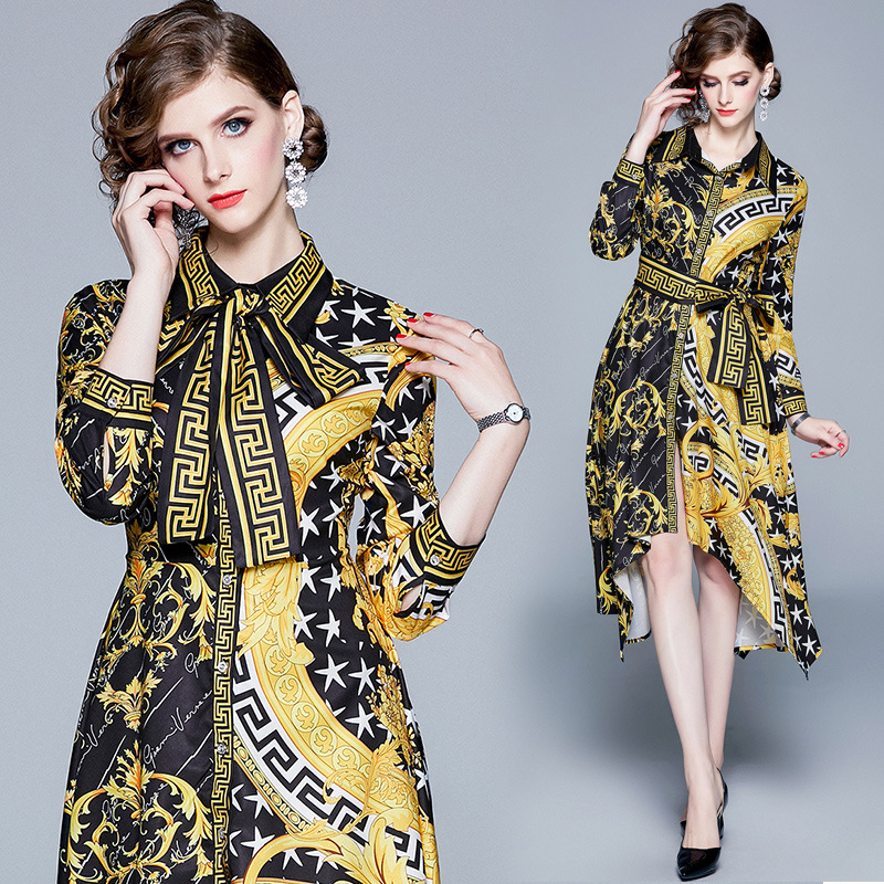 

New Luxury Fashion Baroque Printed Dress Spring Fall Runway Women's Asymmetrical Vintage Dress Office Lady Business Slim Party Prom Dresses, Customize