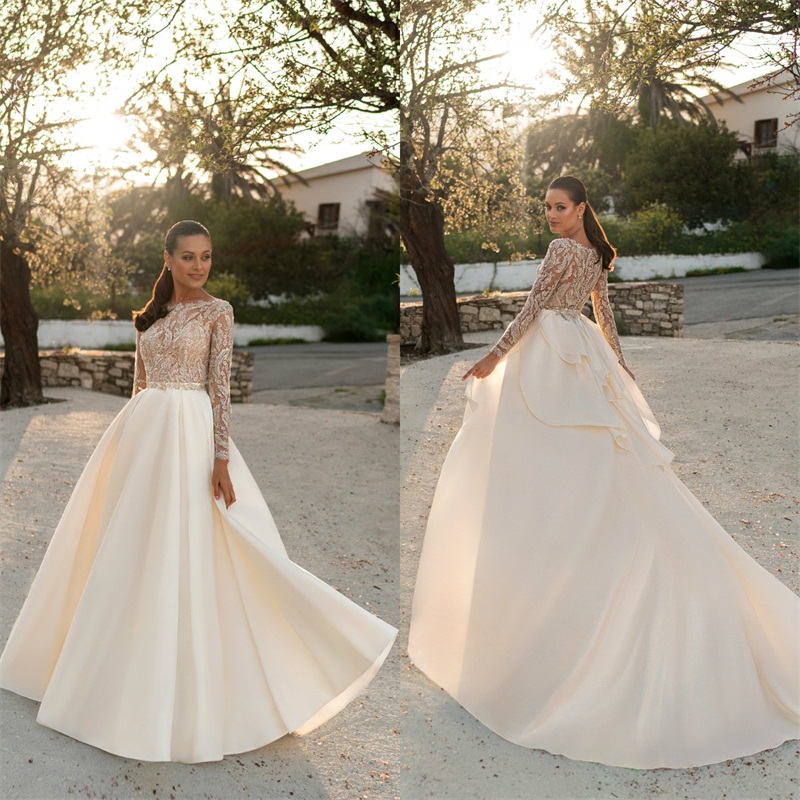 Elegant Ari Villoso A Line Wedding Dresses Jewel Long Sleeve Appliqued Beaded Lace Cheap Boho Bridal Dress Sweep Train Beach Robes De Mariée