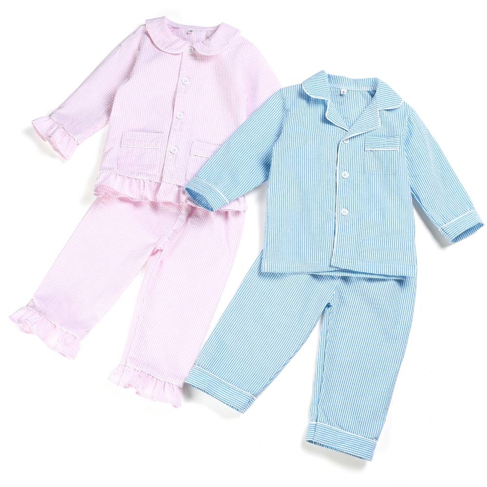 

100% cotton spring and summer seersucker kids pajamas long sleeve stripe boutique home sleepwear 12m-12years Y200328, Blue;red