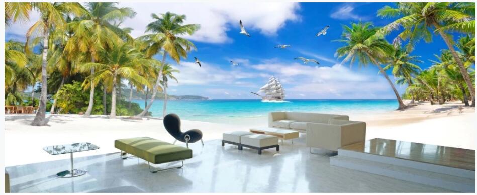

custom photo 3d wallpaper Seaside coconut palm beach sailboat scenery home decor living room 3d wall murals wallpaper for walls 3 d, Non-woven wallpaper