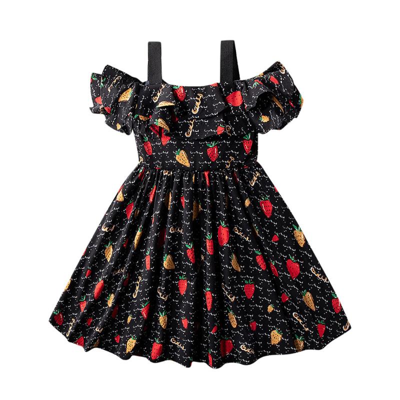 

Toddler Kids Dress Baby Girls Ruffles Strap Fruit Print Summer Princess Casual Loose Dress Beach Dresses Vestidos Girls Clothes, Black
