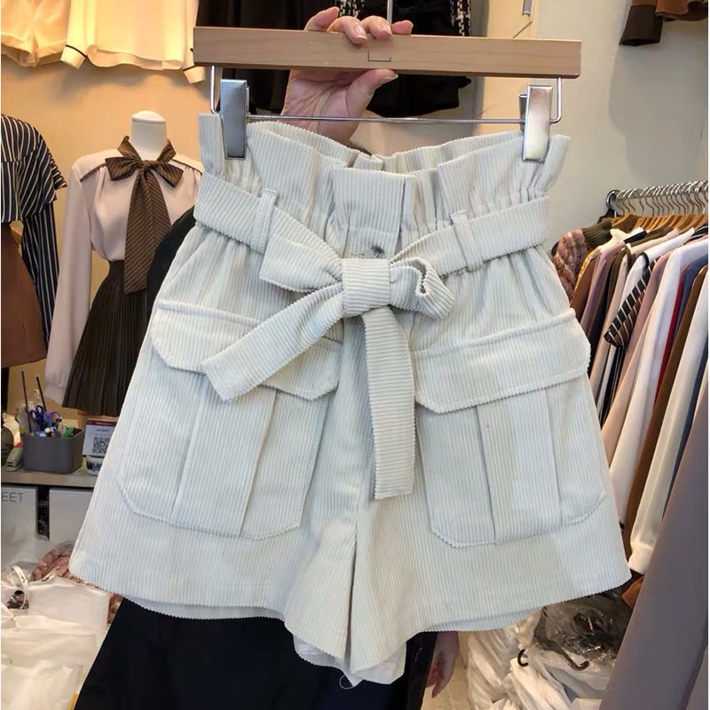

KYMAKUTU 2020 New Corduroy Sashes High Waist Shorts Women Clothes Korea Fashion Shorts Ladies Spring Autumn Wild Female, White