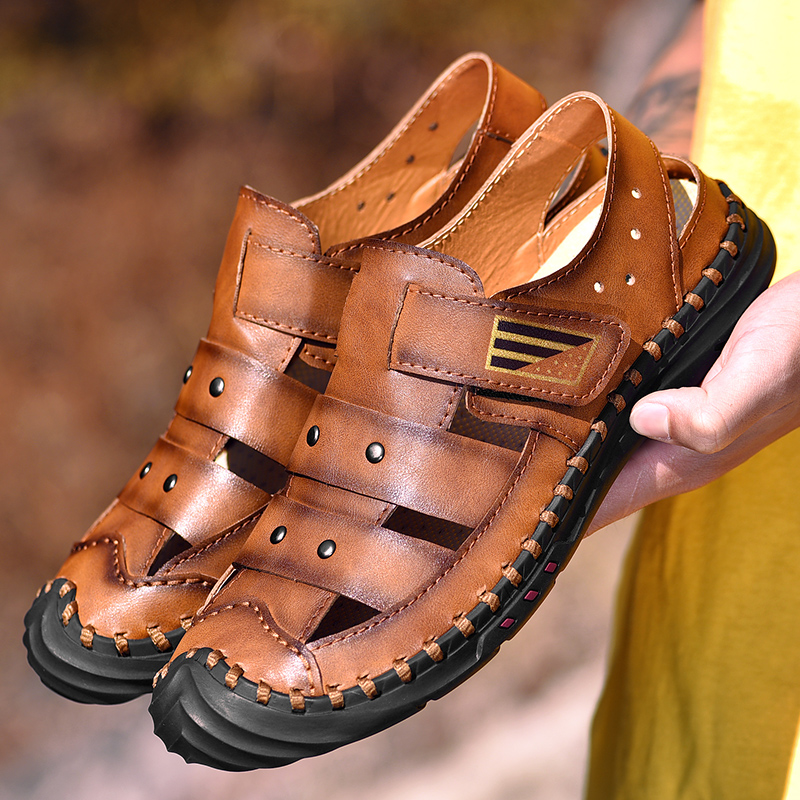

New Men's Sandals Leather Fashion Beach Sandals Outdoor Summer Men's Casual Shoes Breathable Flats Mens Shoes 38-48, Brown