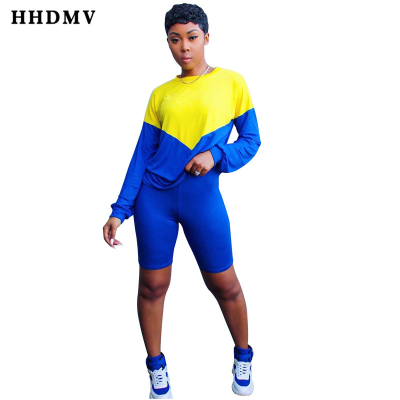 

HHDMV 2020 new women casaul street style sets long sleeve round neck stitching color top elastic short pants two piece sets, Belt