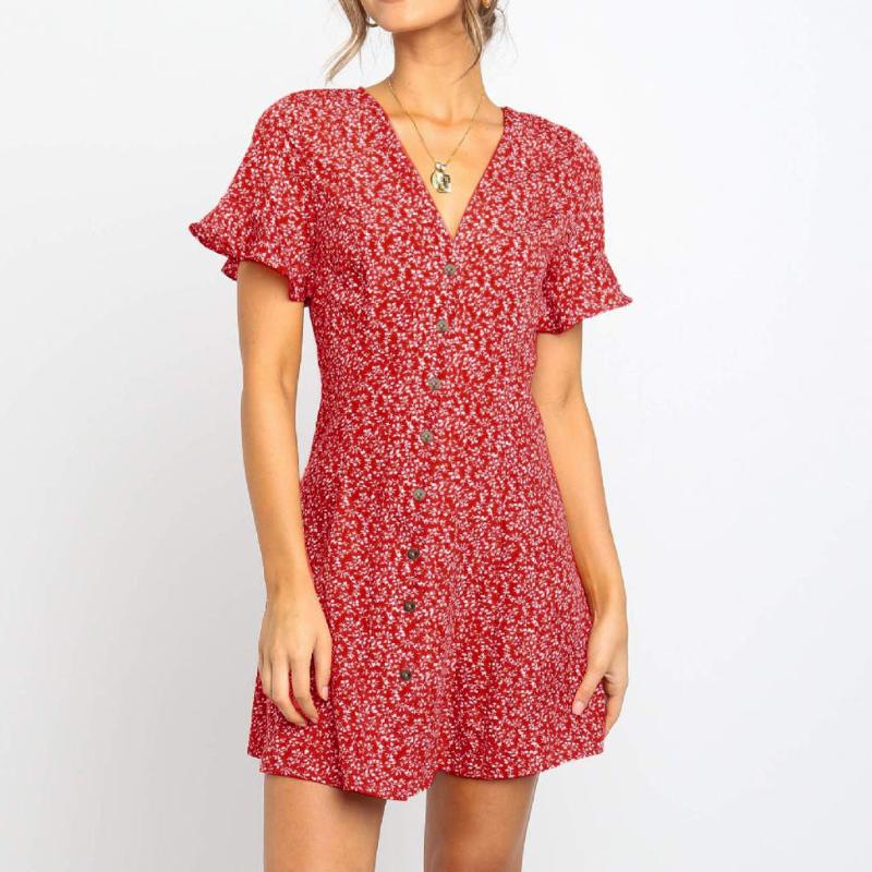 

Women Beach Dress' Casual V-Neck Buttons Printed Short Sleeved Ruffled Summer Mini Dress vestido branco de praia