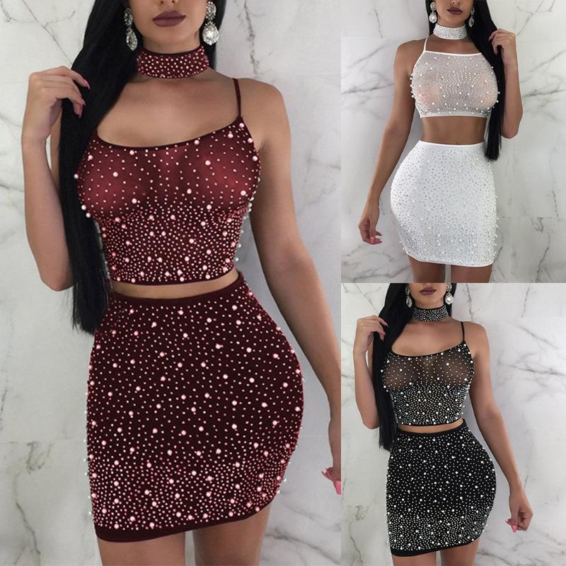 

Tops Sexy & Club Party set women clothes Fashion Solid Sequin Print Three-piece Vest And Skirt Three-piece Set ropa mujer, Black