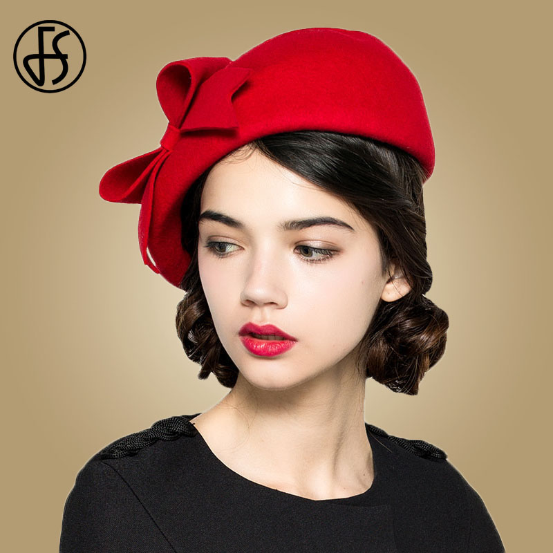 

FS Elegant 100% Wool Felt Fedora White Black Ladies Red Hats Wedding Fascinators Women Bowknot Berets Caps Pillbox Hat Chapeau