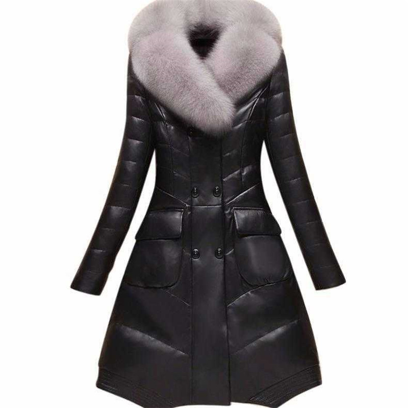 

Women Leather Coat Mid-Long Big Fur Collar Fashion Down Cotton Jacket Winter Large Size Thicken Warm Windbreaker Hainingpi A1085, Black