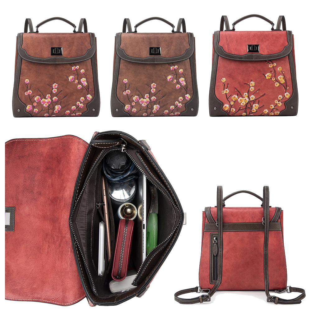 

Original Leather Women Backpacks Rucksack Casual Floral Knapsack Cowhide Schoolbag Satchel Laptop Bags Travel Pack Zipper Organizer Bag Gift, 3 colors for choice