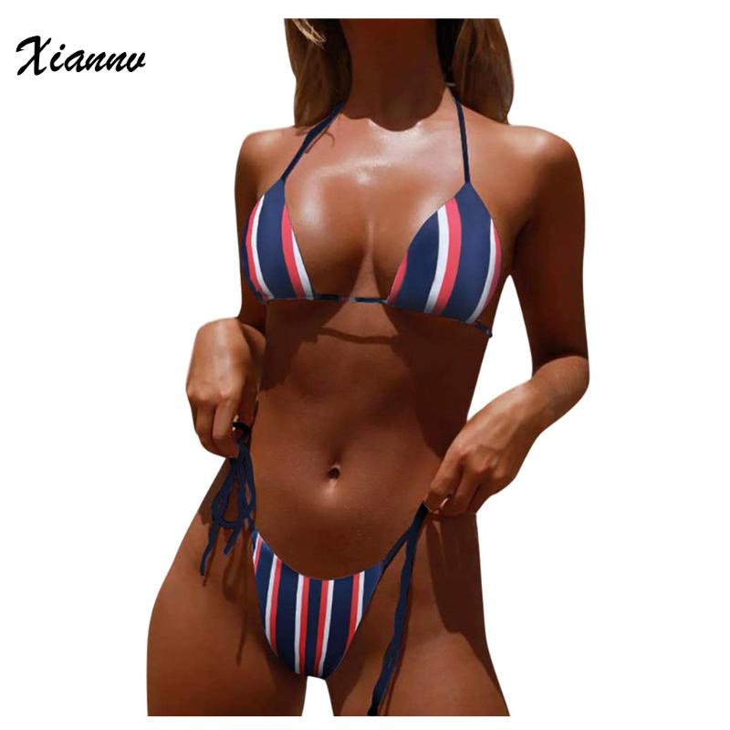 

Women Bikinis 2020 Summer Sexy Stripe Print Lace Up High Cut Leg Bikini Set Two Piece Swimsuit Bandage Stripe gathered swimsuit