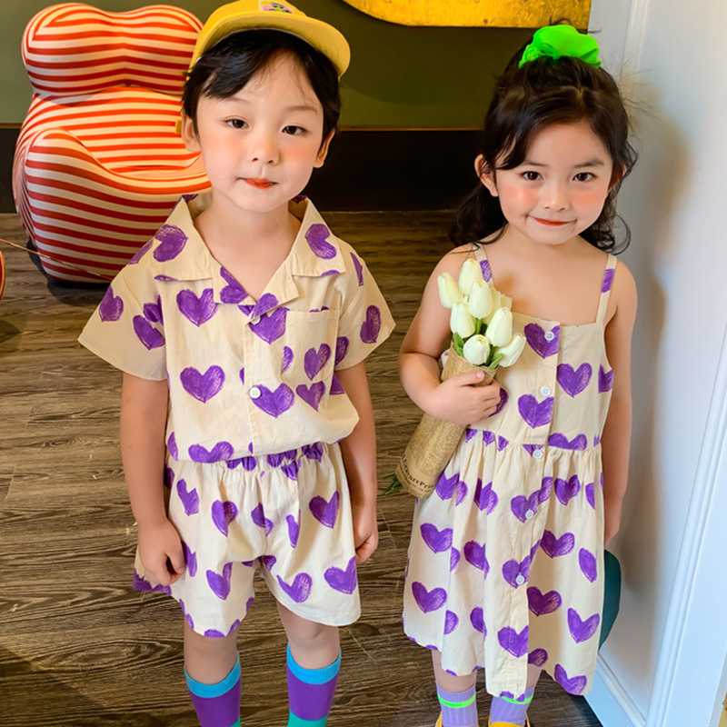 

Korean Style Summer Baby Heart Printed Clothes Sets Girls Sisters Fashion Short Sleeve Shirt+shorts 2pcs Brothers Clothes, 2020x62purple