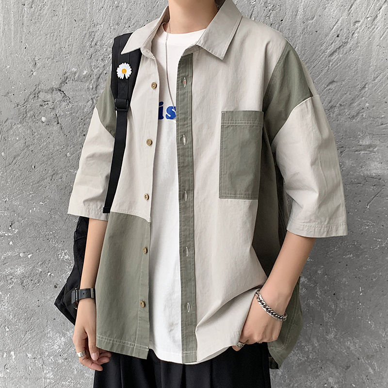 

Summer Cotton Shirt Men's Fashion Contrast Color Tooling Casual Shirt Men Streetwear Wild Loose Short Sleeve Mens -2XL, Gray