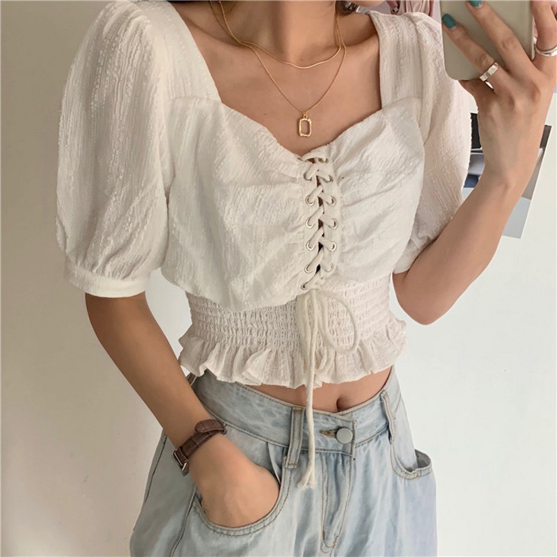 

Puff Sleeves High Waist Square Collar Summer 2020 Gentle Hot All Match Plus Size Women Lace Up Sexy Short Blouses, White