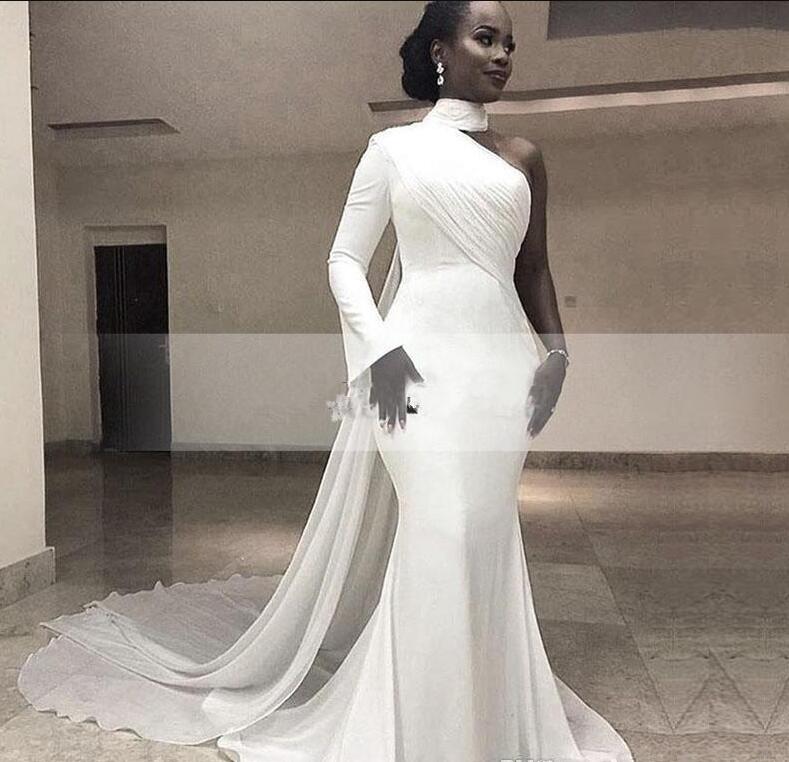 

2020 African White High Neck chiffon Mermaid Long Evening Dresses One Shoulder Ruched Sweep Train Formal Party Red Carpet Prom Gowns, Champagne