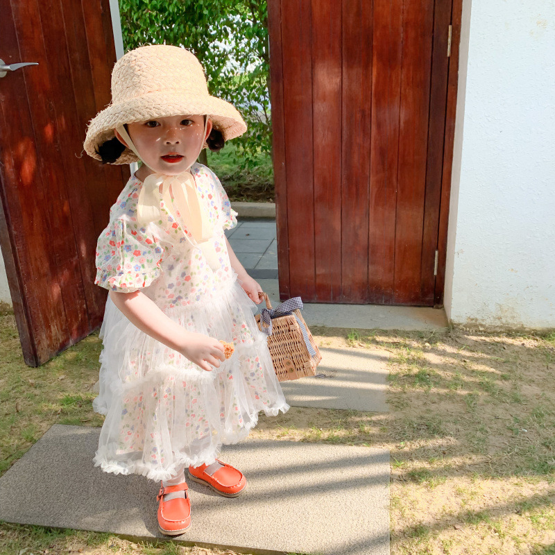

summer girls dresses floral dress white mesh design sweet kids dresses set 2pcs clothing set, As pic