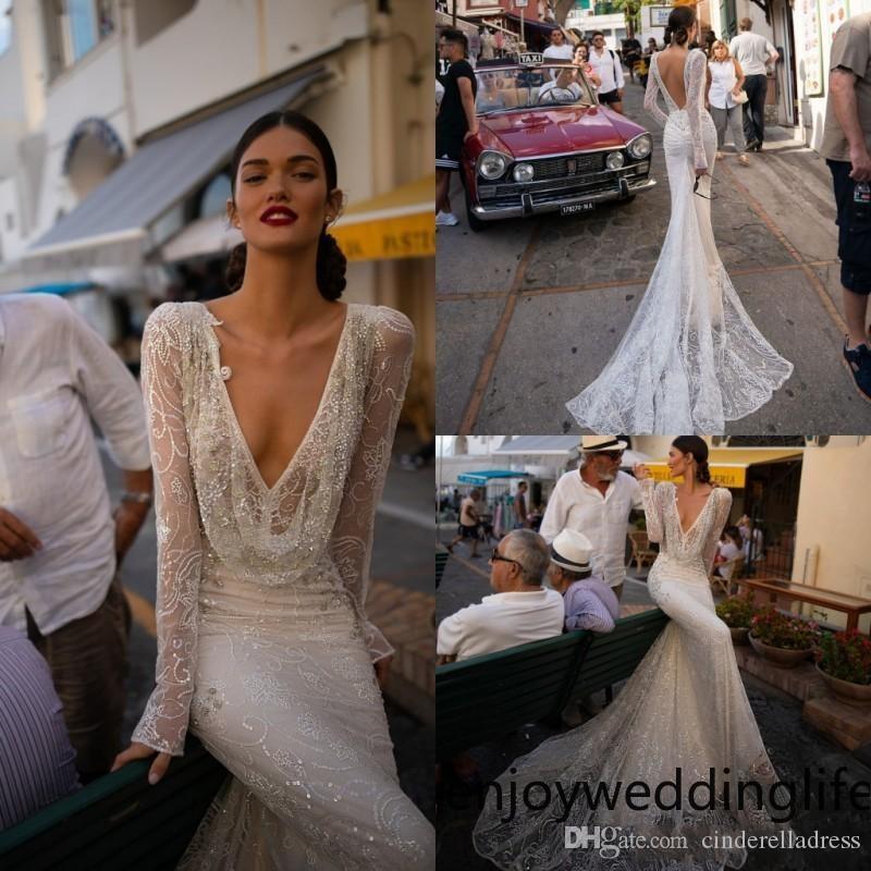 

2020 Sexy Inbal Dror Wedding Dress V Neck Sequined Lace Mermaid Bridal Gowns Long Sleeves Backless Beach Wedding Dress Custom, White