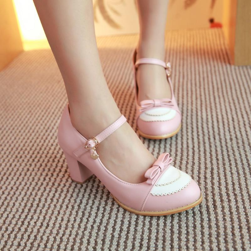 

female shoe heels women's shoes heel Lolita shoes bow thick crust Pink COS female student tide med heels japanese, Black