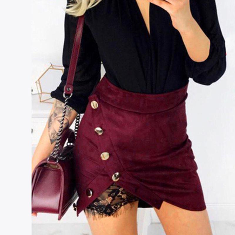

Solid Lace Patchwork Skirt Women Fashion Button Zipper Sexy Pencil Skirts For Ladies Black Green Wine Bodycon Party Skirt 2020