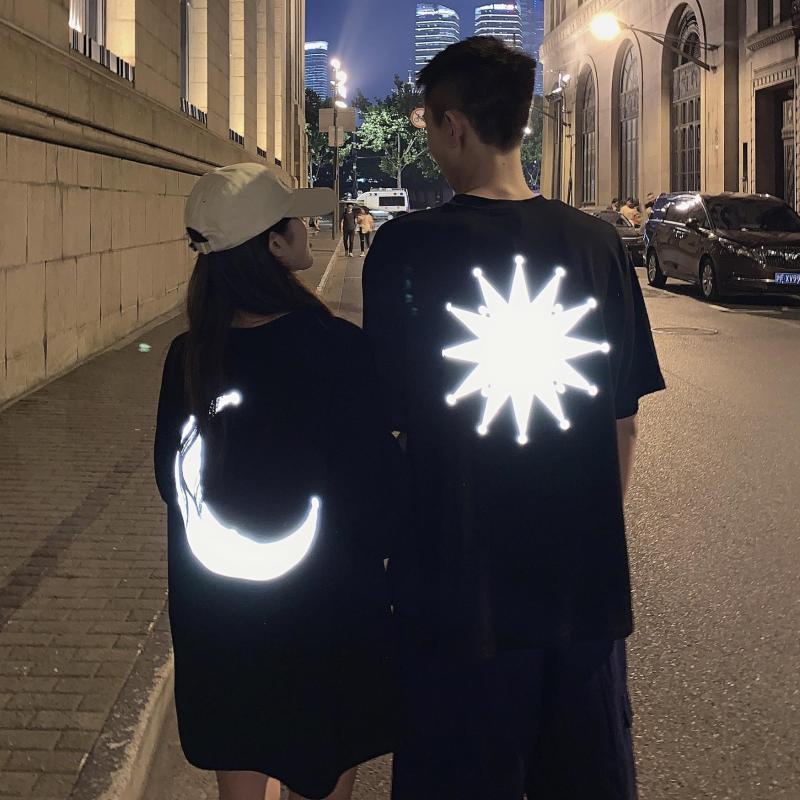 

Summer Clothes 2020 New Reflective Girlfriends Couple Clothes Top Loose Personalized Short-sleeved T-shirt Female T-shirt Male, White sun