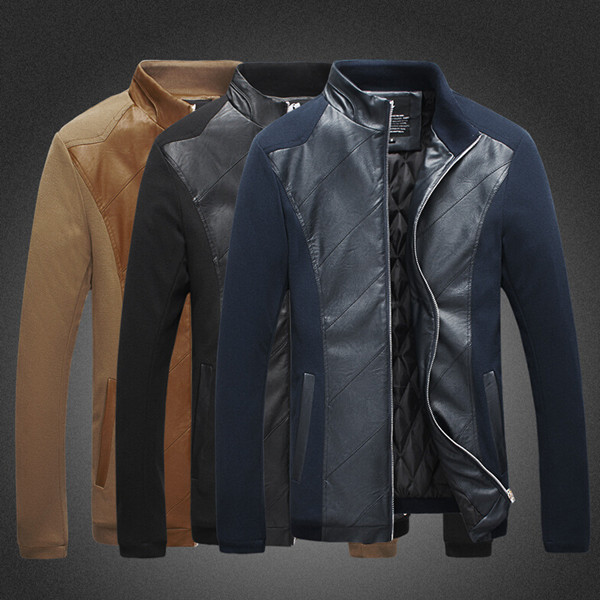 

2015 High quality Casual PU Leather jacket Men's outerwear coat slim fit stand collar Add cotton coat men's jacket -5XL, Black