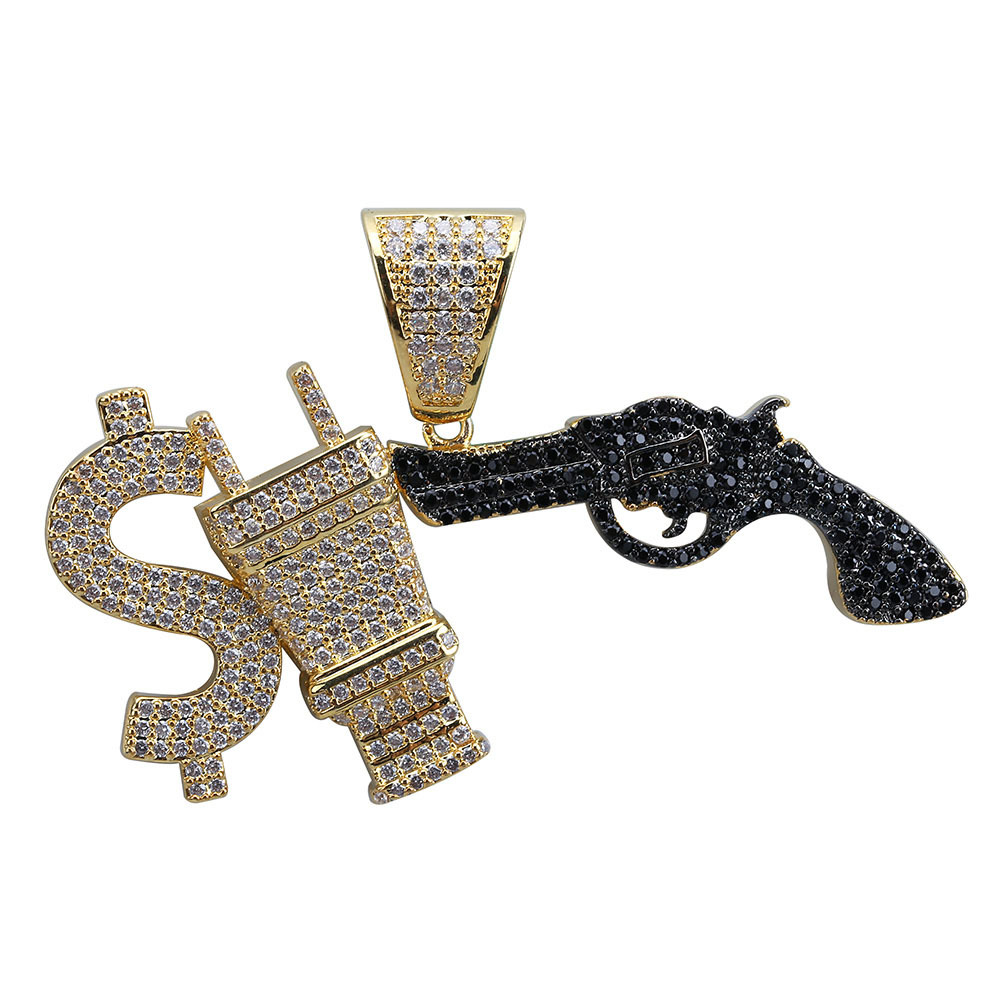 Hip Hop glacé Dollar signe prise avec pistolet pendentif collier Micro pavé cubique Zircon or argent chaîne à breloques pour hommes