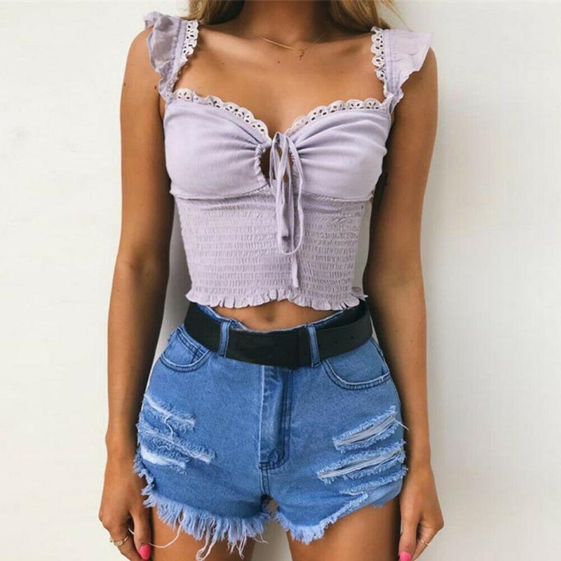 

Women Ruffles Sling Adjusted Neck Lace Up Stretch Crop Top Sexy Vest Fashion Camisole Sleeveless Purple Tank T-Shirt New, As pic