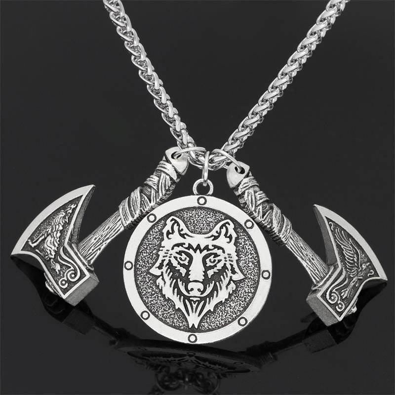 

Pendant Necklaces Men's Viking Celtic Wolf Axe Amulet Necklace Raven Rune Long Neck Chain National Jewelry Boyfriend Gift
