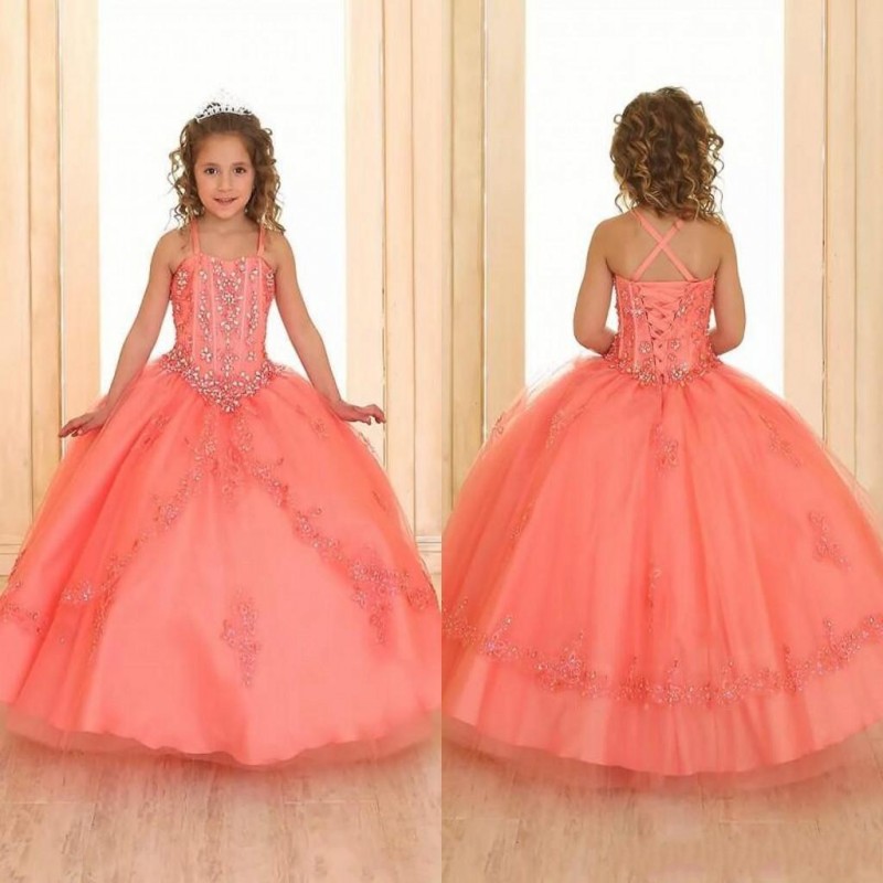 

New Coral Girls Pageant Dresses Crystals Beaded Organza Flower Girl Dresses Corset Back Formal Party Pageant Gowns For Teens, Silver