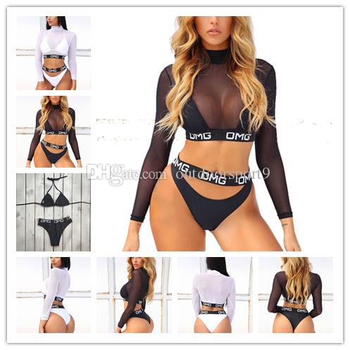 Black and White Letters Hot OMG Sexy 3PCS Mesh Vest Womenwomen bathing suits Swimwear Bathing Beachwear Swimsuit Swimming suits free shippi-image-481453072