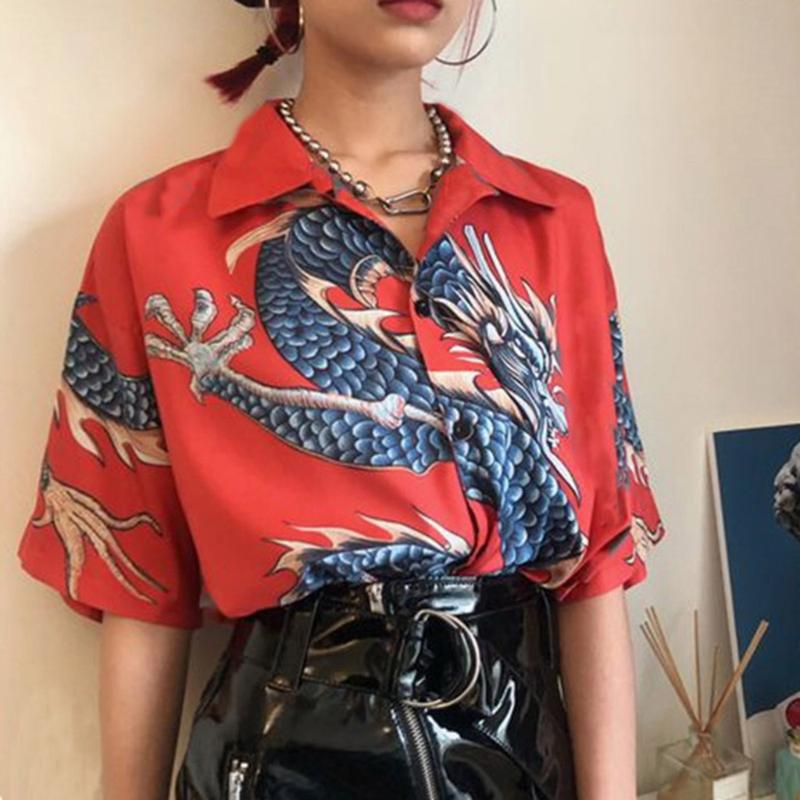

Oversized Short Sleeve Dragon Style Print Blouse Korean Streetwear Harajuku Women Man Hip Hop Punk Loose Couples Shirt Gothic, Blue