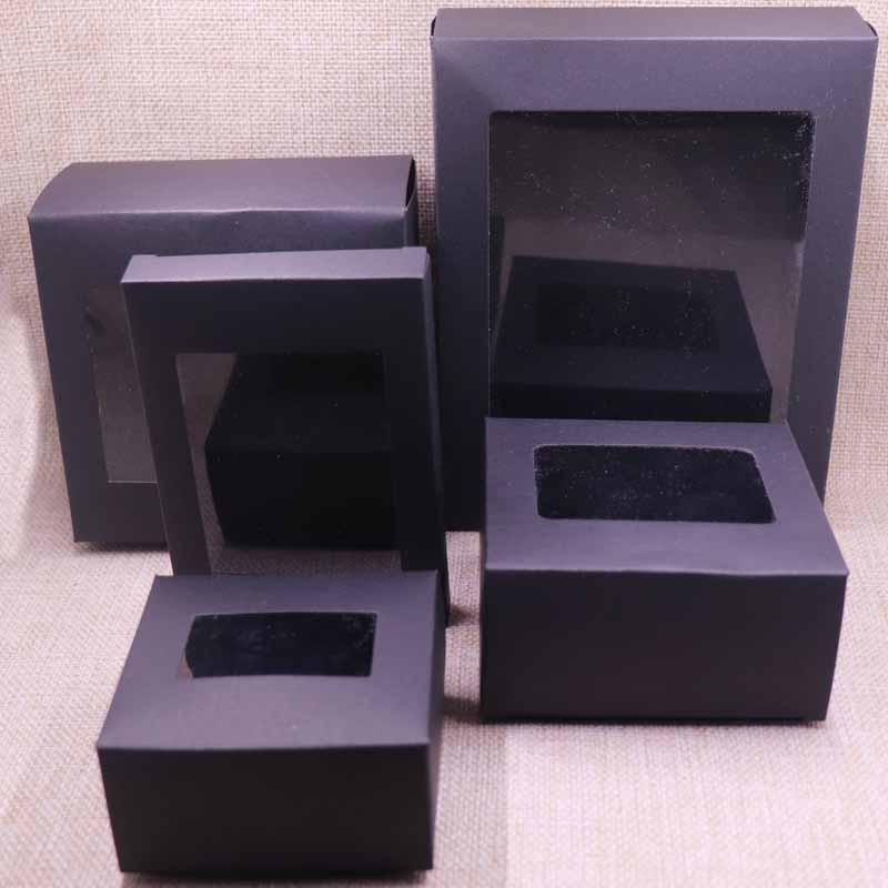 

10 Pcs DIY Vintage Kraft Black paper gift box package with clear pvc window candy favors arts&krafts display package box