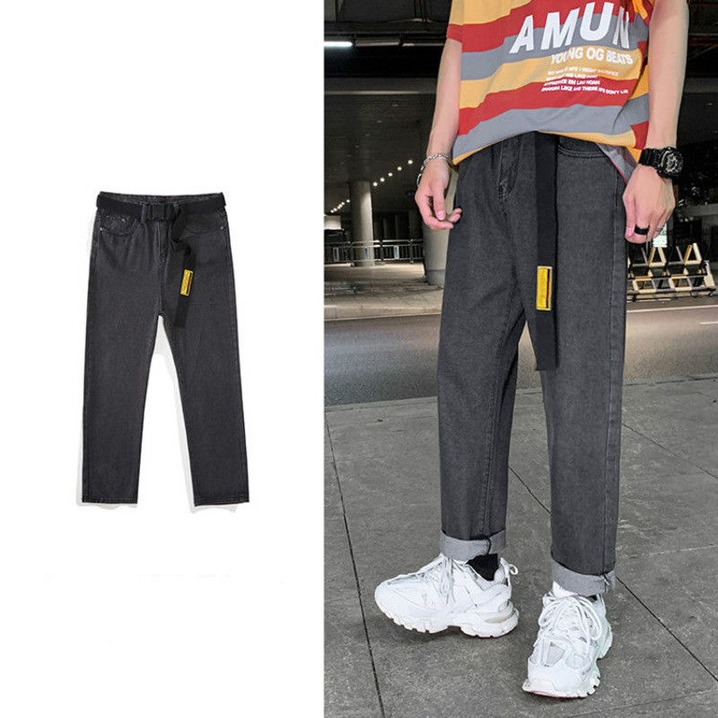 

2020 Men's Solid Color Biker Denim Trousers Wide Leg Pants Removable Belt Baggy Homme Casual Pants Cargo Pocket Jeans -3XL, Black
