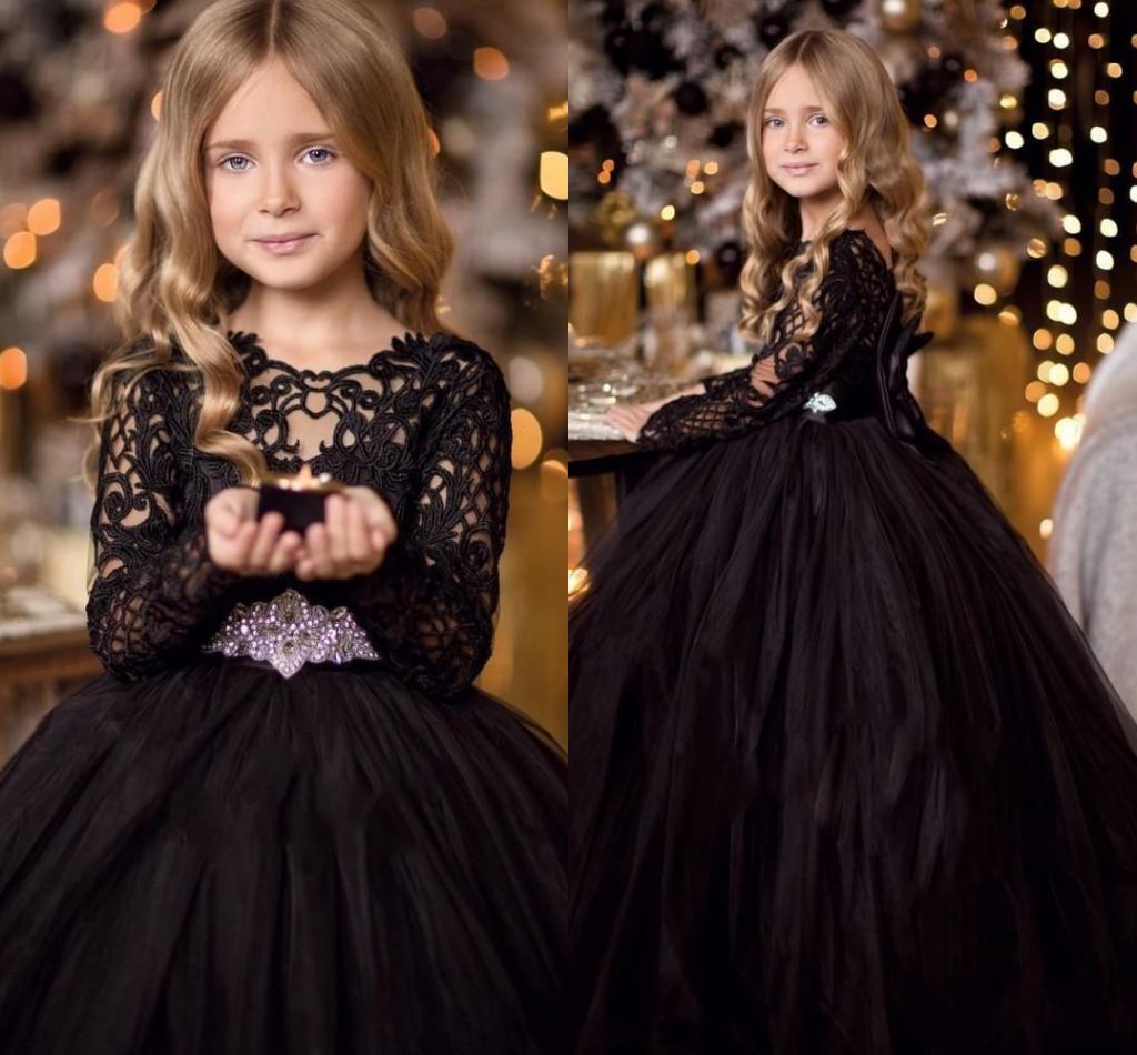 

Fashion Black Long Sleeves Flower Girl Dresses Sheer Lace Princess Ball Gown Girl Wedding Dress Long Ball Gown Girl Formal Gown, Same as image