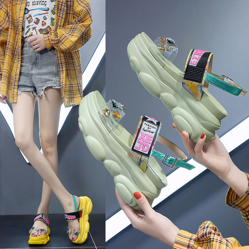 

2020 New Platform Muffin Semi-Trailer Transparent Hidden Wedge Sandals and Slippers Summer Rhinestone Slippers for Women, Green