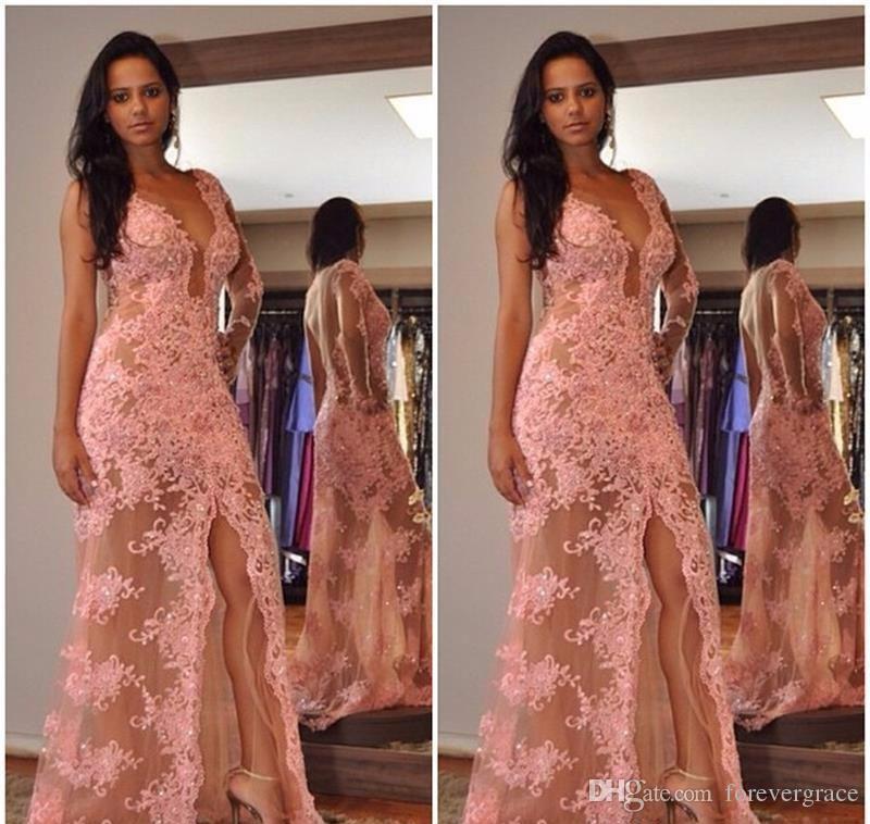 

2019 Long Illusion Lace Evening Dress Side High Split Formal Holiday Wear Prom Party Gown Custom Made Plus Size, Same as picture