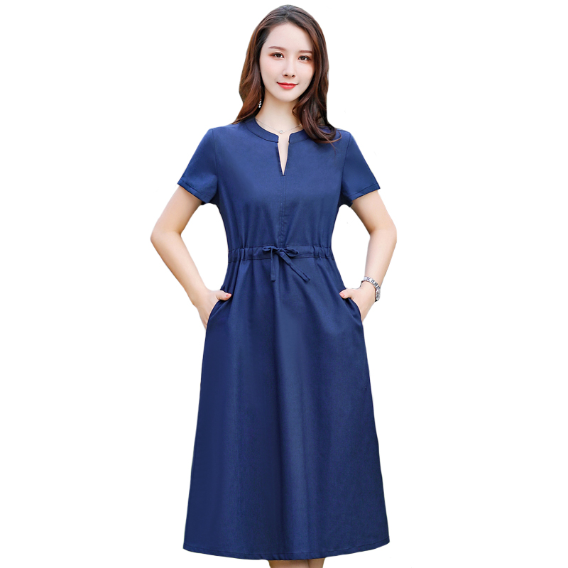 

New Vintage V-Neck Summer Dress Women Casual Linen Streetwear Office Ladies Dress Elegant Slim Midi Plus Size Vestidos, Blue