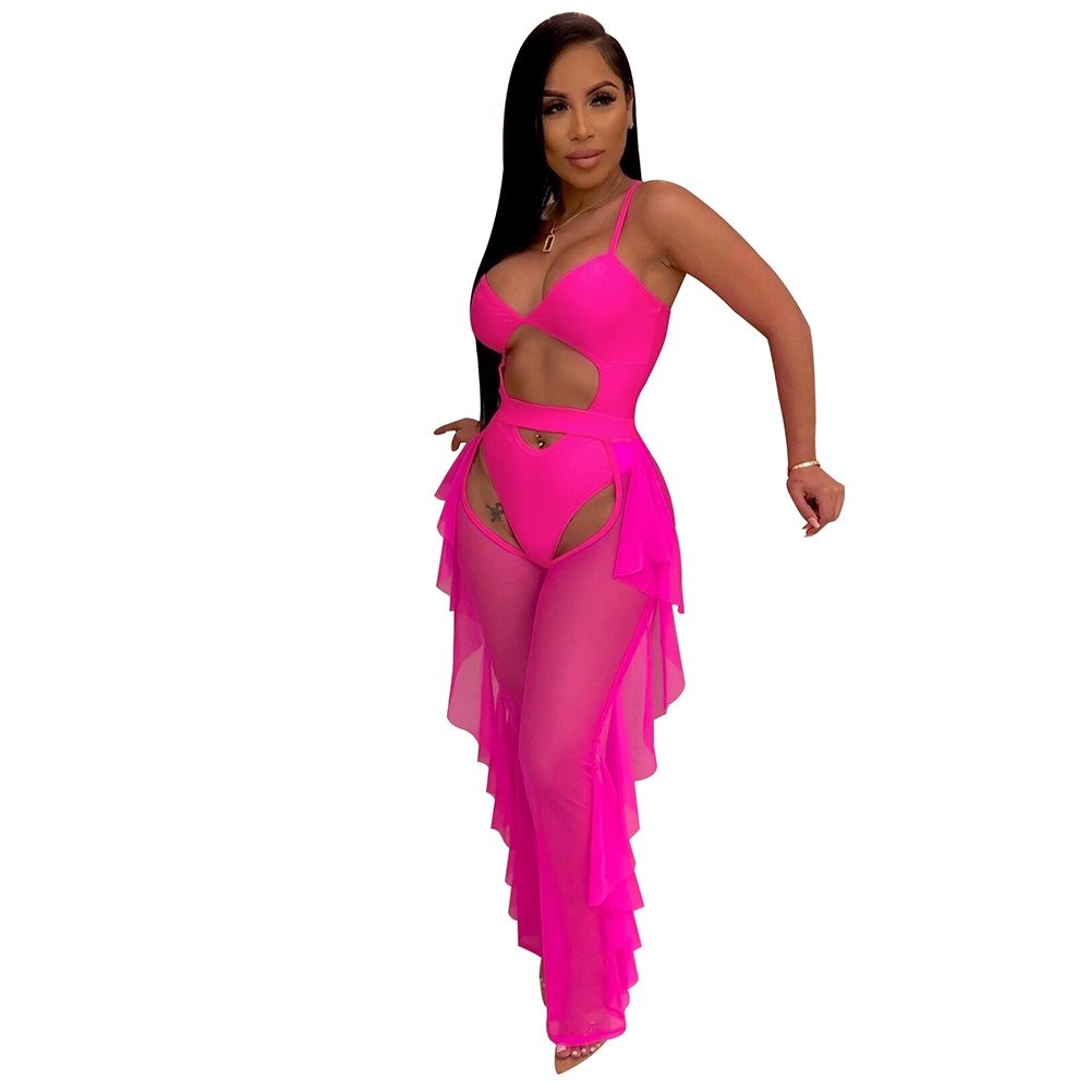 

Women Swimwear Sexy 2 Pieces Bikinis Outfit See Through Crop Top and Pants Sets Mesh Backless Jumpsuits Clubwear, Rose red