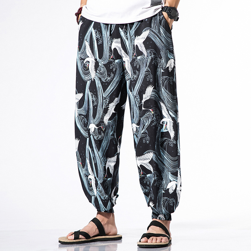 

Japanese Kimono Traditional Print Pants Haori Pants Asian Costume Beach Casual Loose Long Japan Style Kimono Yukata Men, Black