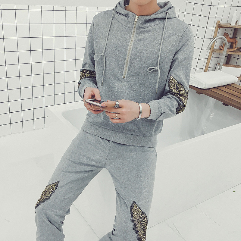 

2018 men's hooded long sleeve animal pattern sports suit casual Korean version of the eagle embroidery running clothes sportswea, Black