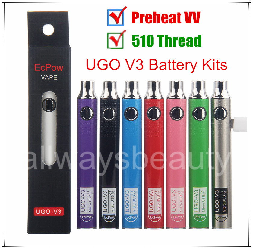 

Authentic vape battery kits Upgraded EVOD UGO-V3 voltage adjust Micro USB Passthrough e cigarette vapes for oil vaperizer with Charger