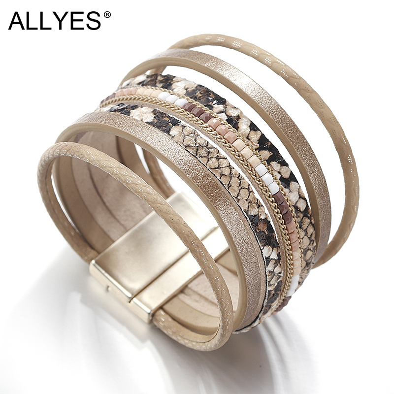 

allyes multilayer snake skin leather bracelets for women fashion ladies party bohemian charm bracelet female jewelry, Black