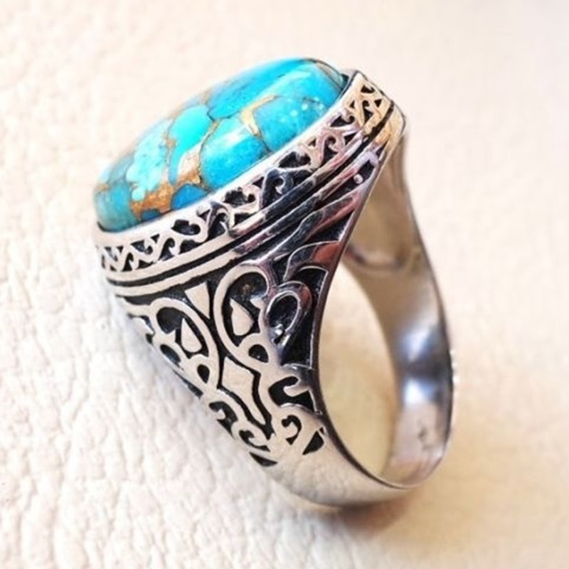 

OMHXZJ Whole European Fashion Woman Man Party Wedding Gift Silver Black Green Oval Turquoise Taiyin Ring RR331
