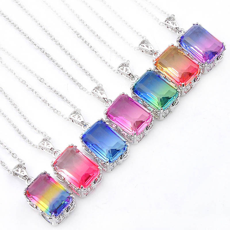 

Luckyshine 12 Pcs Lady rectangle Jewelry Vintage Bi colored Tourmaline 925 Silver Necklaces Women Fashion CZ Pendant Jewelry -Free Shipp