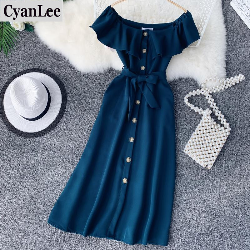 

Off Shoulder Dress Women 2020 Summer Ruffles Short Sleeve Single Breasted Bodycon Party Dress Elegant Bandage Long Robe Vestido
