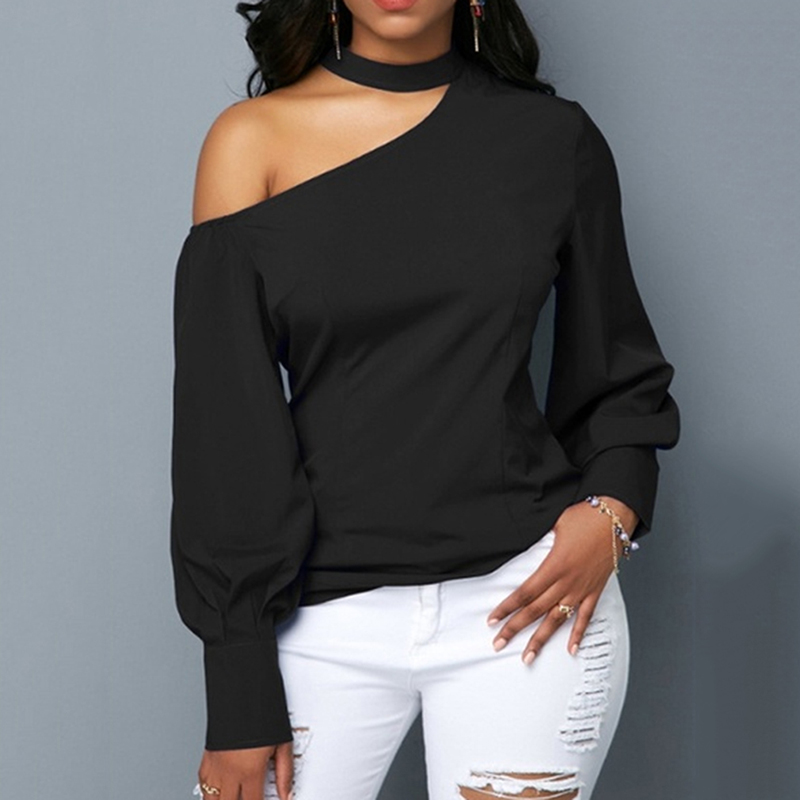 Compre Atractivo De La Manga Larga Para Mujer Cabestro Señoras Negras Sólidas Blusas Elegantes De La Camisa Del Hombro Causal Tops Camisa De La Blusa A 23,49 € Del Chengdaphone02 | DHgate.Com