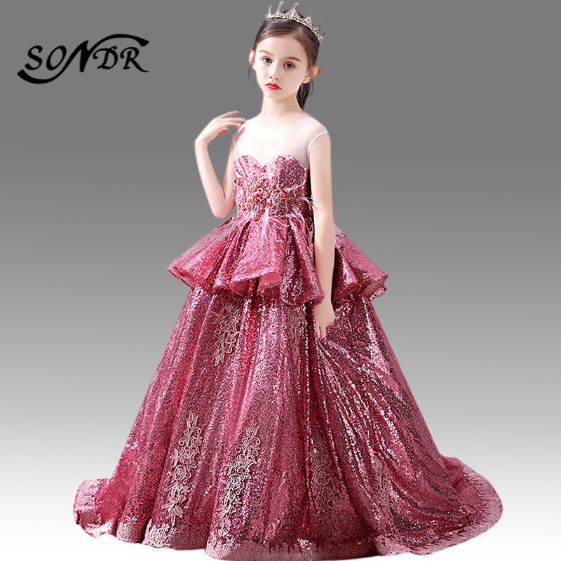 

Shiny Sequined Princess Ball Gowns HT089 O-Neck Tank Formal Communion Dress Feathers Beading Wedding Party Dresses For Girls, Soybean