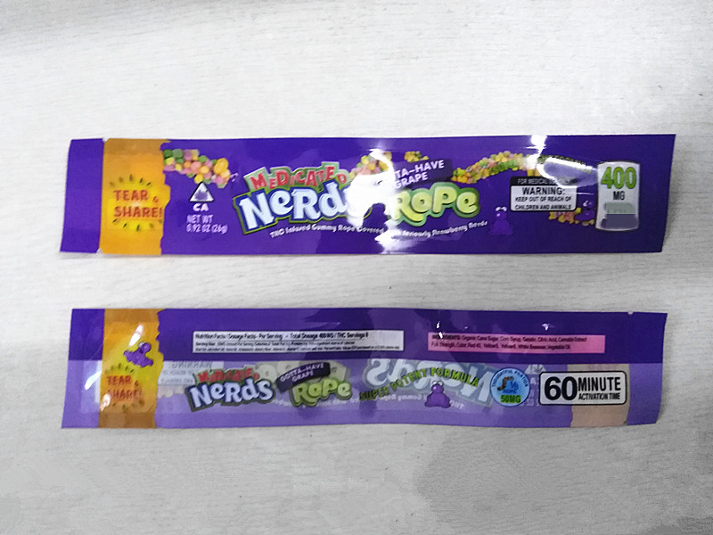 

2020 new edibles bag nerds rope gummy candy packaging bag 7 styles plastic heat seal 400mg purple red green blue color